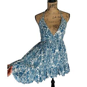 Olivaceous Women's Mini Dress Sundress Size Large Floral Blue Halter Neck Ruffle
